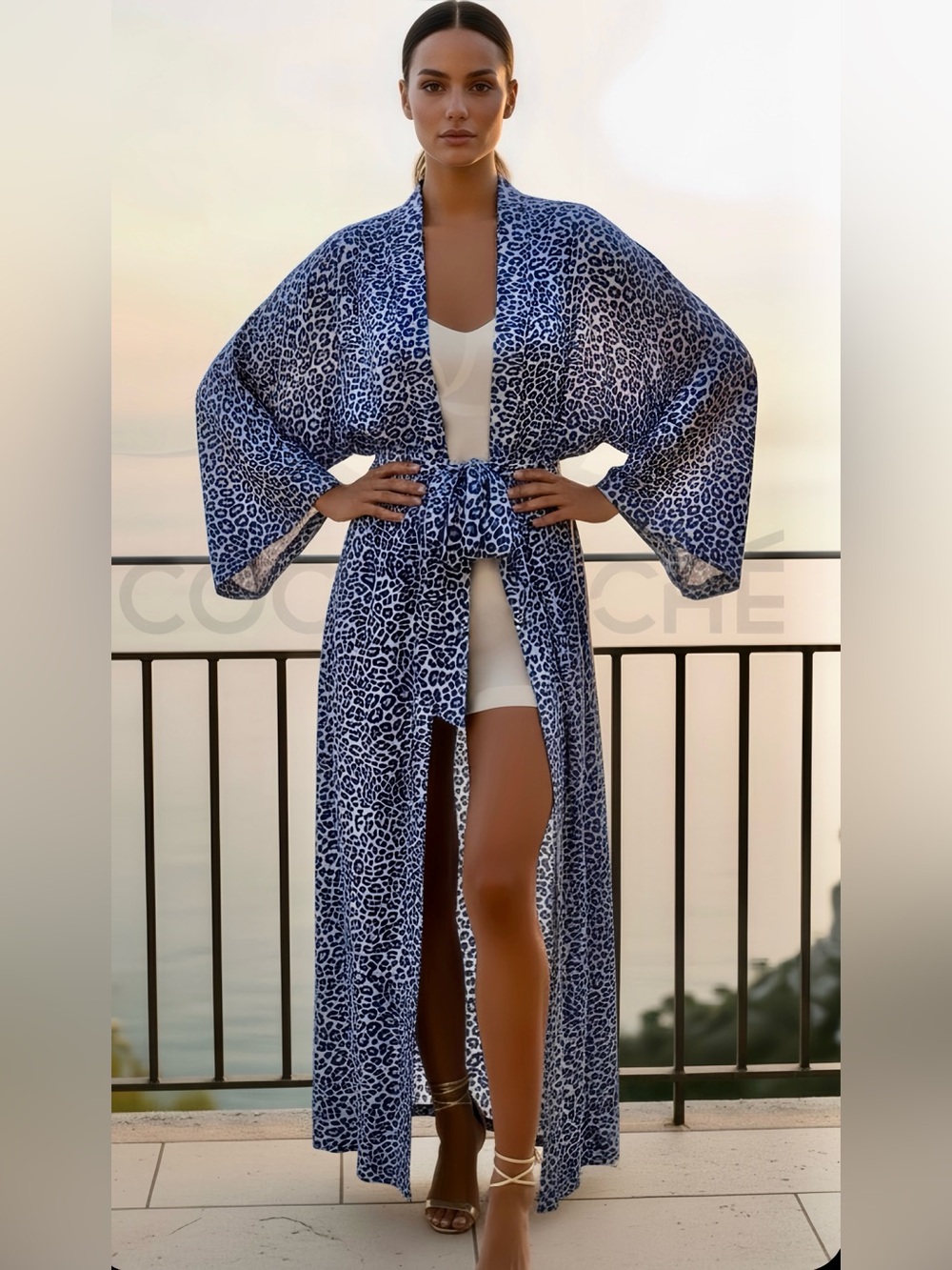 Blue Leopard Print Kimono Robe Duster - Picture 2 of 8